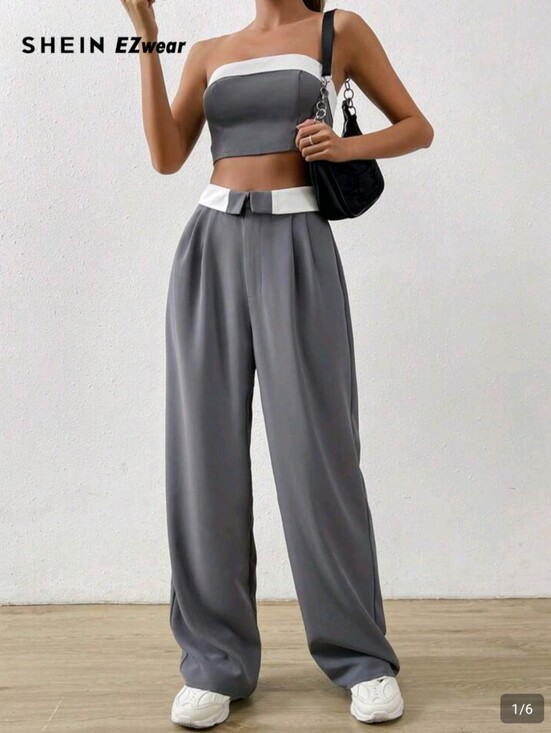 SHEIN Pants - Two-Piece Strapless Gray and White Crop Top + Pants Set